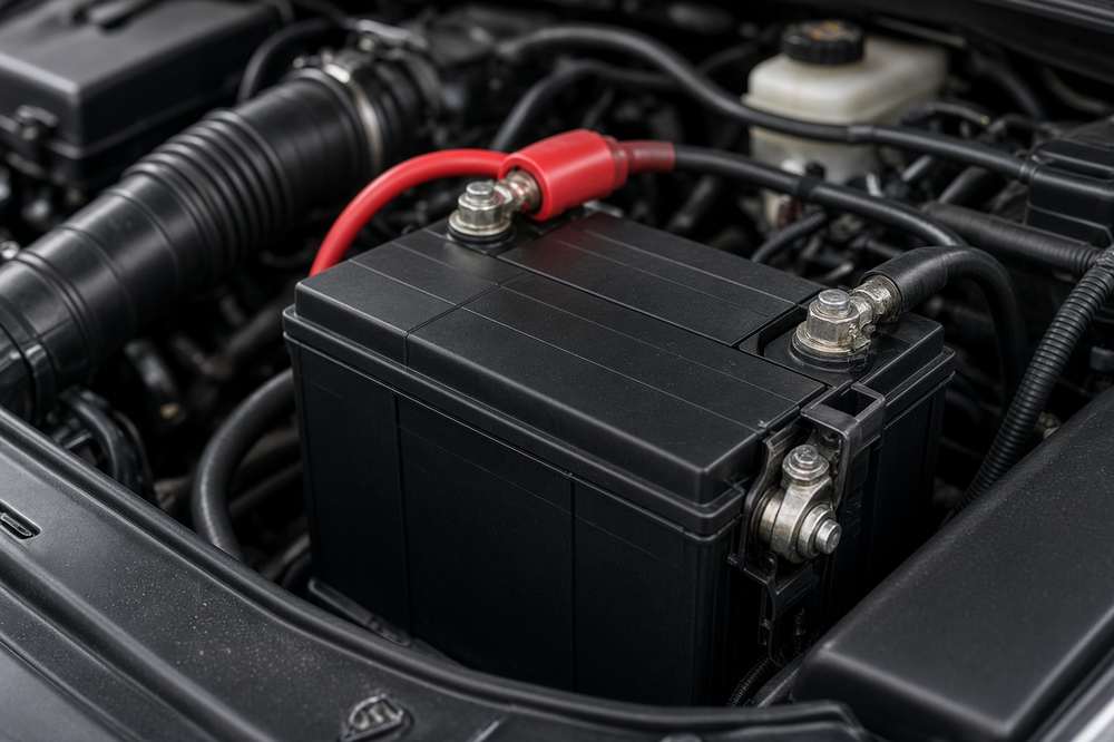 Car battery in an engine bay