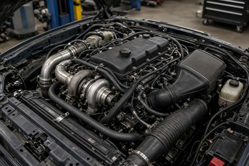 Diesel pickup engine bay